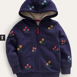 Mini Boden Embroidered Shaggy lined hoodie, Navy floral, 7-8.